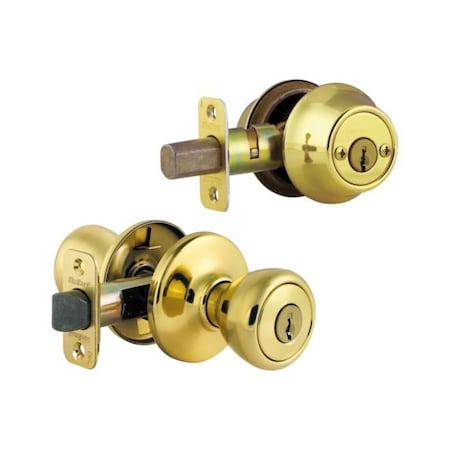Kwikset Clear Pack Combo Tylo Entry W/ Single Cylinder Deadbolt W/ RCAL Latch and RCS Strike Bright Brass CP690T-3